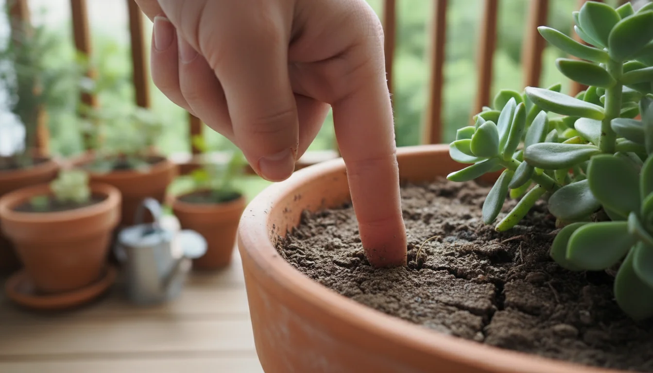 A person's index finger tests the soil moisture in a terracotta pot on a patio, demonstrating a deep and infrequent watering check.