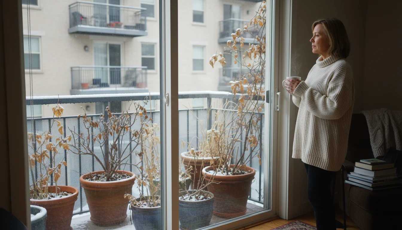 Person inside a cozy room looks through a glass door at dormant container plants on a small urban balcony in winter, holding a warm mug.