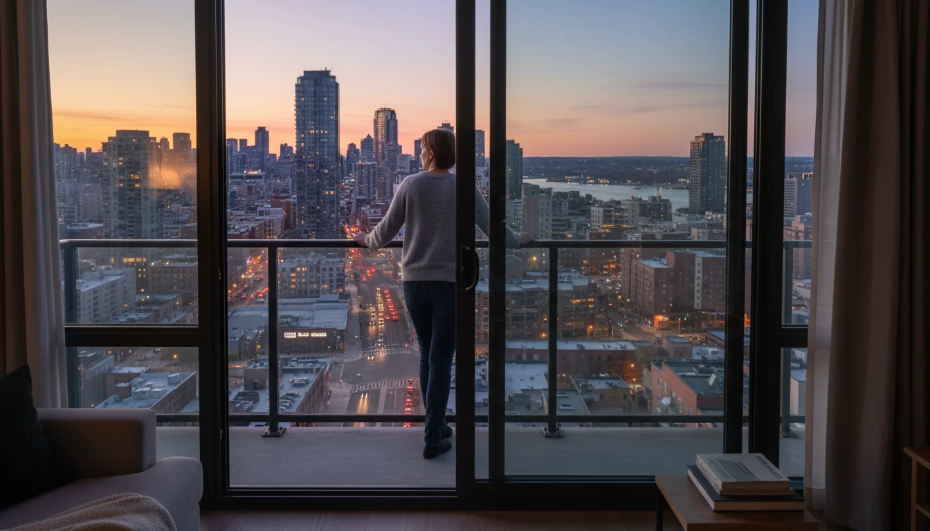 Person inside urban home looks out glass door at small balcony, observing a distant neighbor's window, highlighting a privacy need.