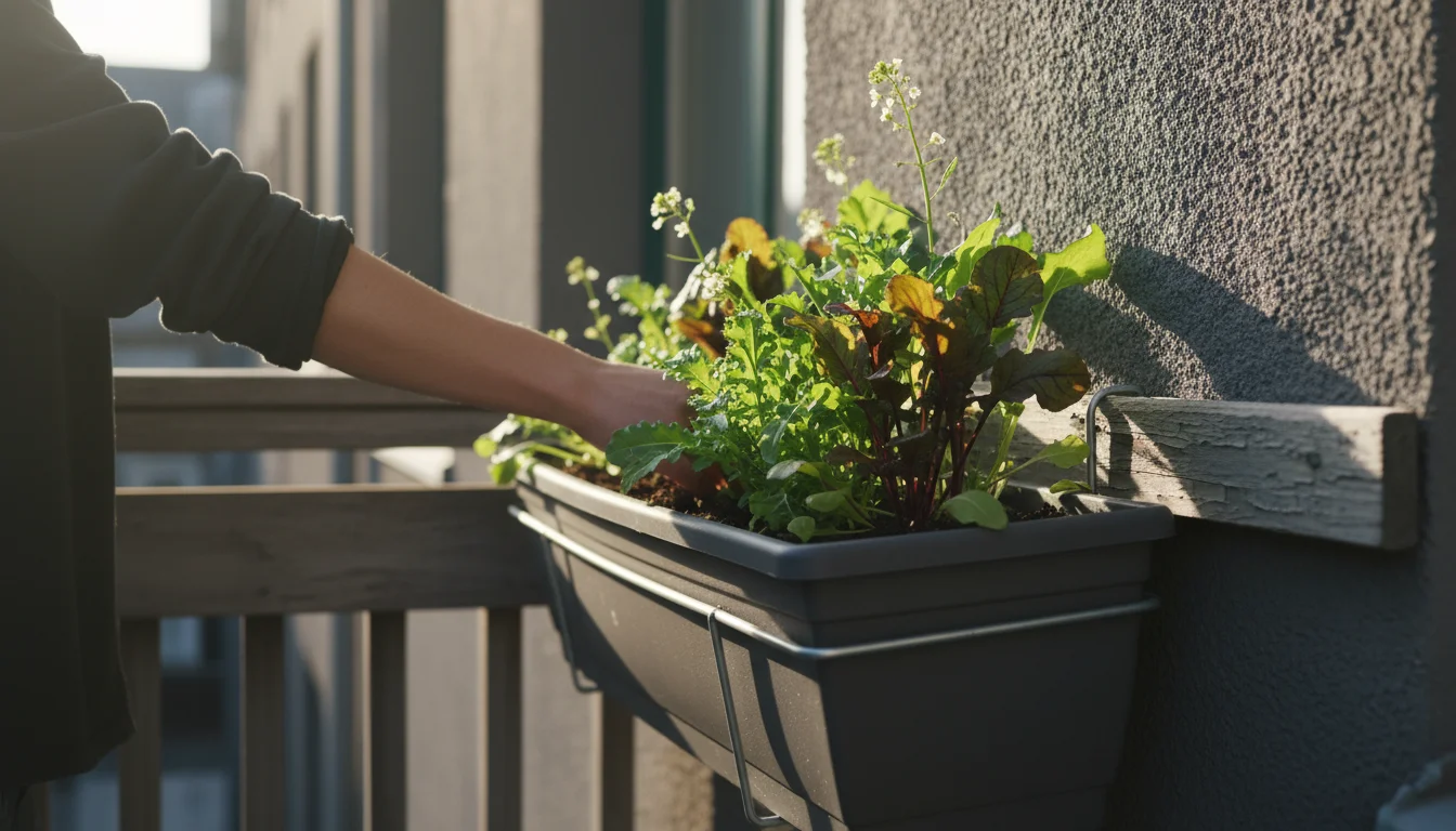 A person inspecting bright green wasabi arugula and mustard greens in a dark window box on a sunny balcony railing.