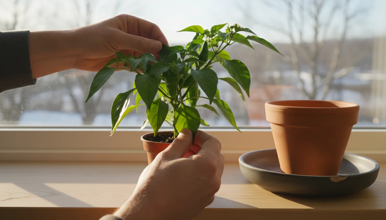 Person inspecting container chili pepper plant on a windowsill next to a pebble tray for humidity.