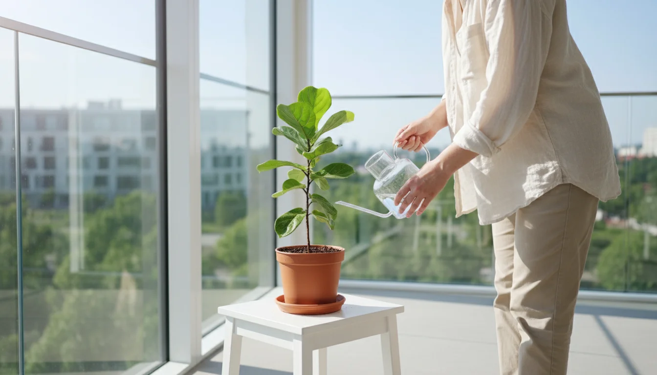 Person inspecting a new potted plant isolated on a bright stool in an apartment corner, part of a pest quarantine routine.