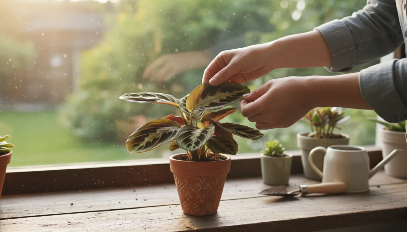 Person gently inspecting a plant leaf on a sunny windowsill with other houseplants in the background.