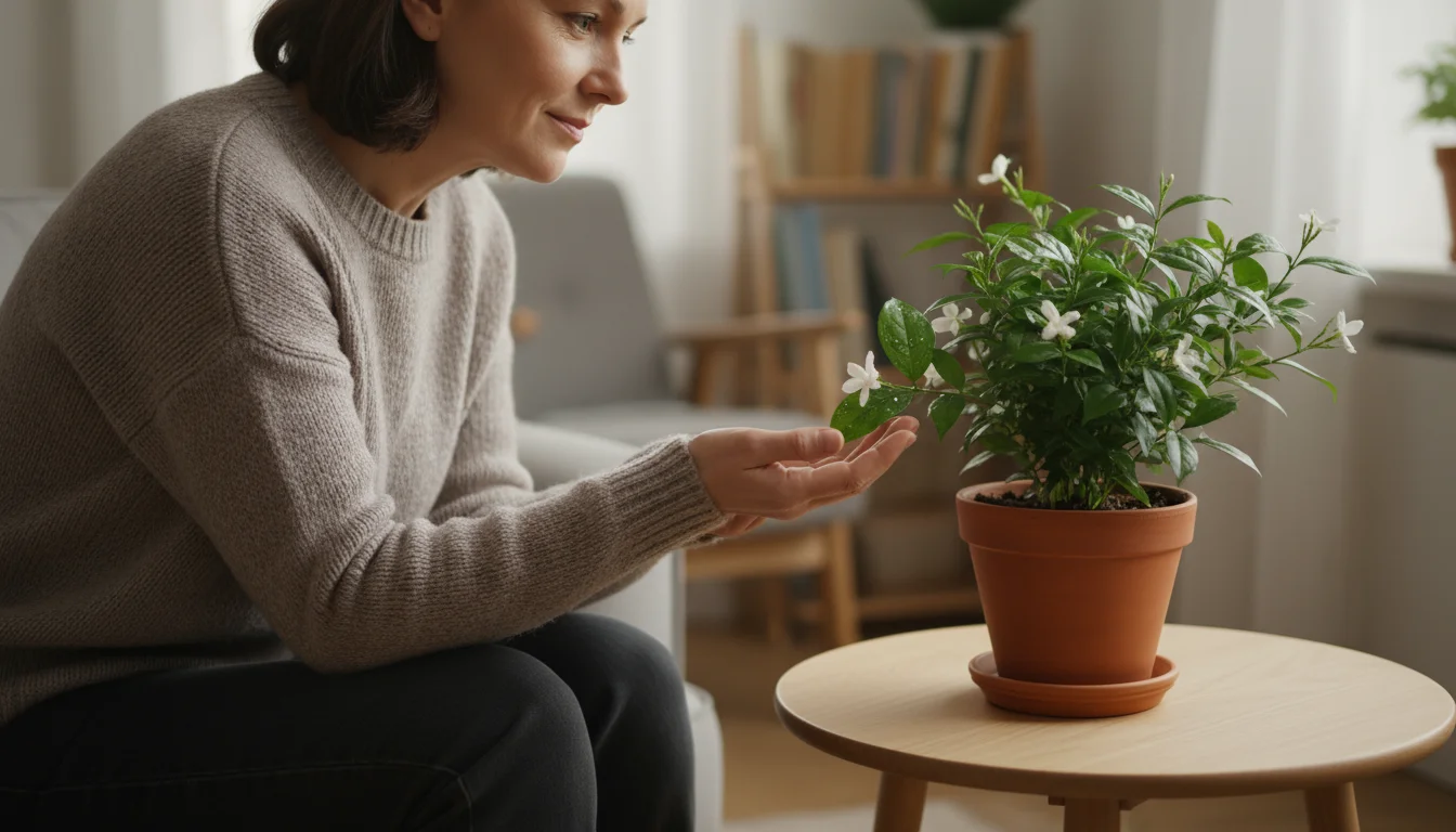 Person gently inspecting a potted winter jasmine plant with delicate white blooms, looking closely at a leaf showing slight yellowing.