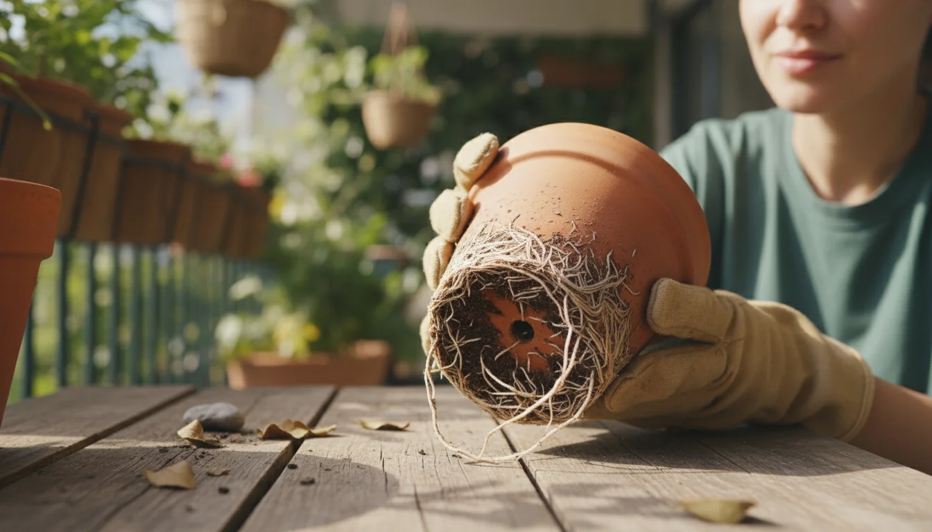 A person inspecting a terracotta pot on a balcony table, with dense white roots clearly growing out of the drainage holes.