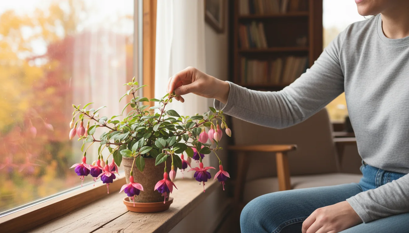 Person carefully inspecting the underside of leaves on a potted fuchsia plant near a sunny window, preparing it for indoors.