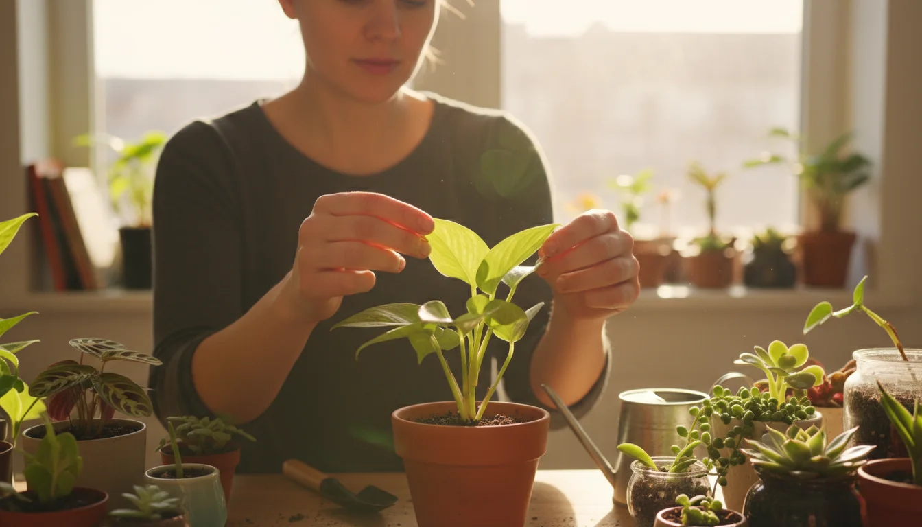 Person inspecting the underside of a small potted houseplant leaf on a windowsill, surrounded by other plants.