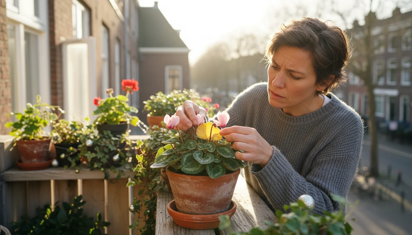 Person inspecting slightly wilting cyclamen in a terracotta pot on a balcony railing.