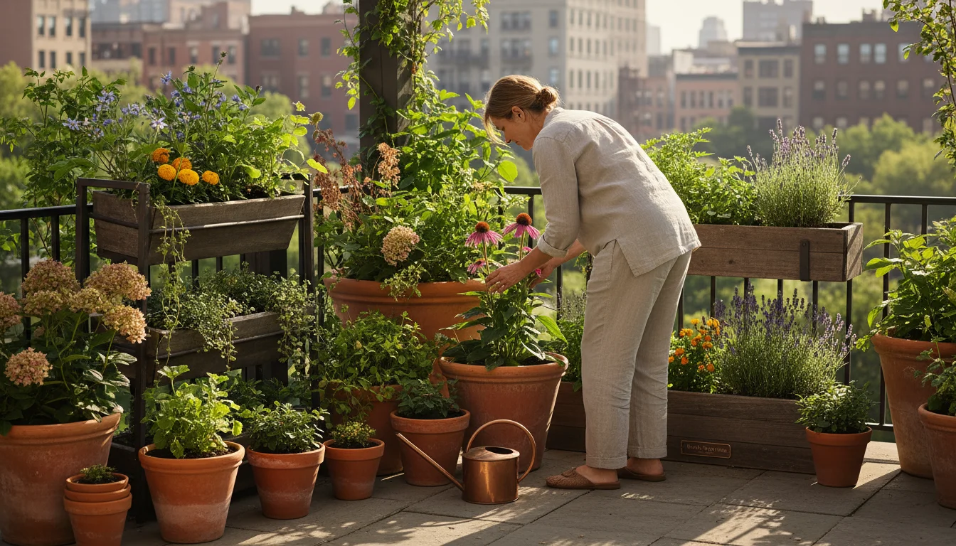 Person inspects a blooming coneflower in a pot on a sunlit urban patio with various containers, some showing dried stems.