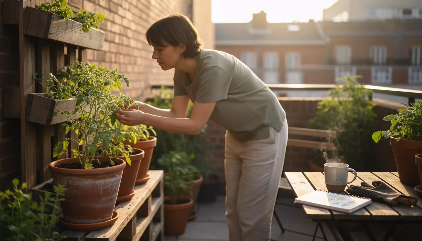 A person inspects a container tomato plant on a sunlit urban patio, with a phone displaying a gardening article nearby.
