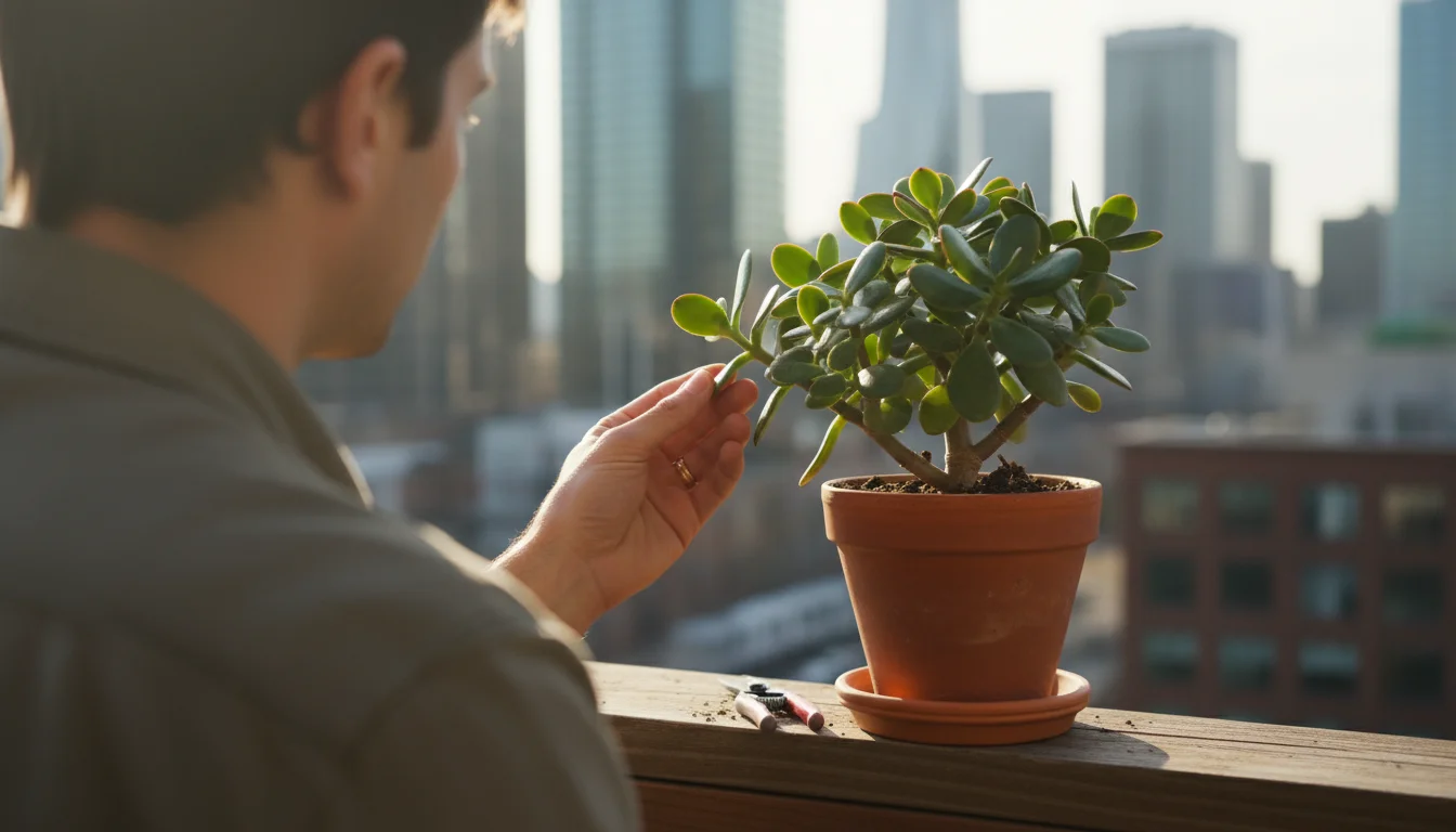 A person inspects a green plant in a terracotta pot on a sunny balcony, with pruning shears resting on the pot's rim.