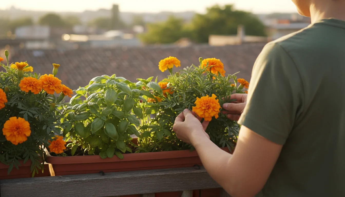 Person gently inspects marigold and basil plants in a terracotta balcony planter, with a ladybug on a leaf.