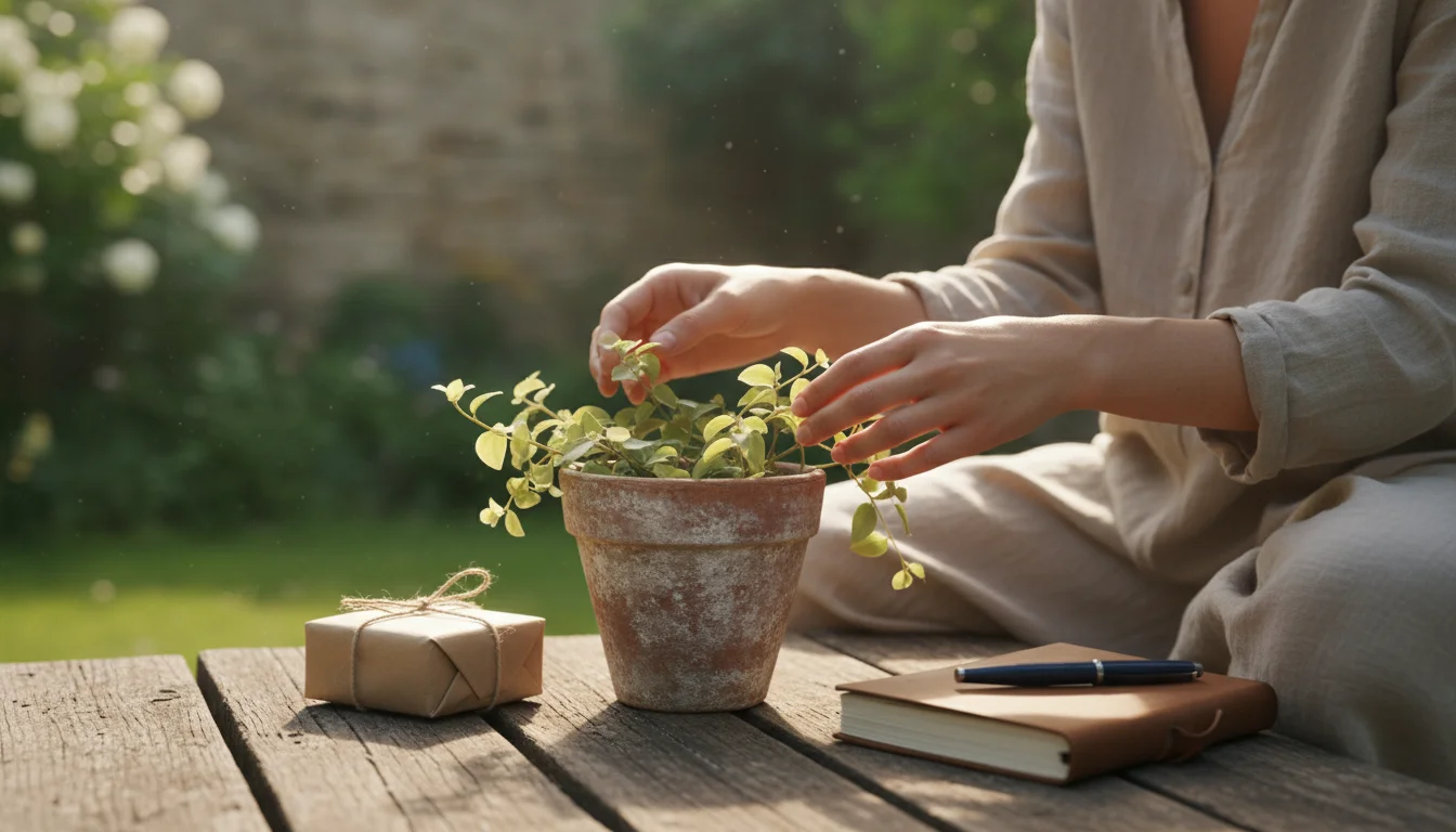 A person gently inspects a slightly stressed container plant on a quiet patio, with an untouched bag of fertilizer nearby on the ground.