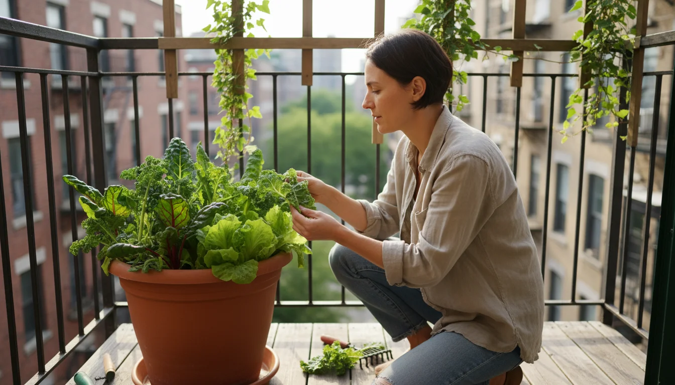 Person intently inspecting a container-grown leafy green plant on an urban balcony, troubleshooting a late spring gardening challenge.