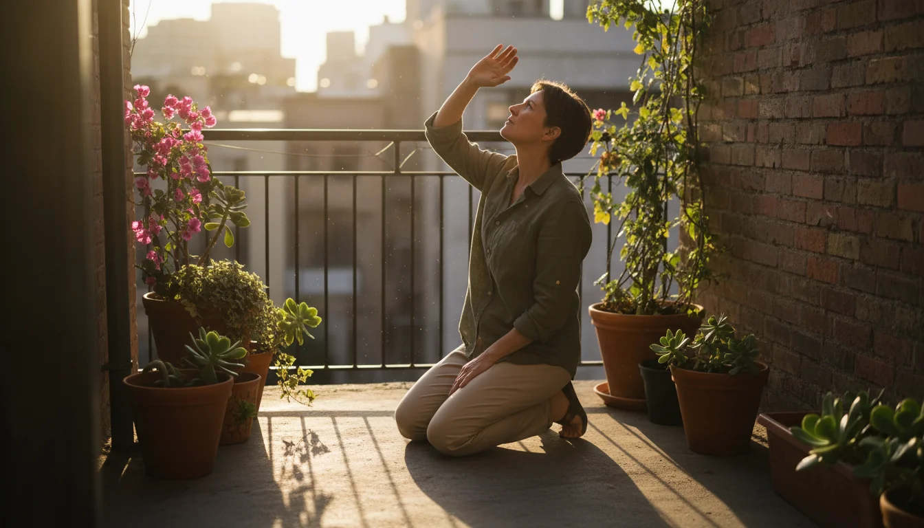 A person intently observing sunlight and distinct shadows falling across a small urban balcony filled with empty pots, assessing optimal light for con