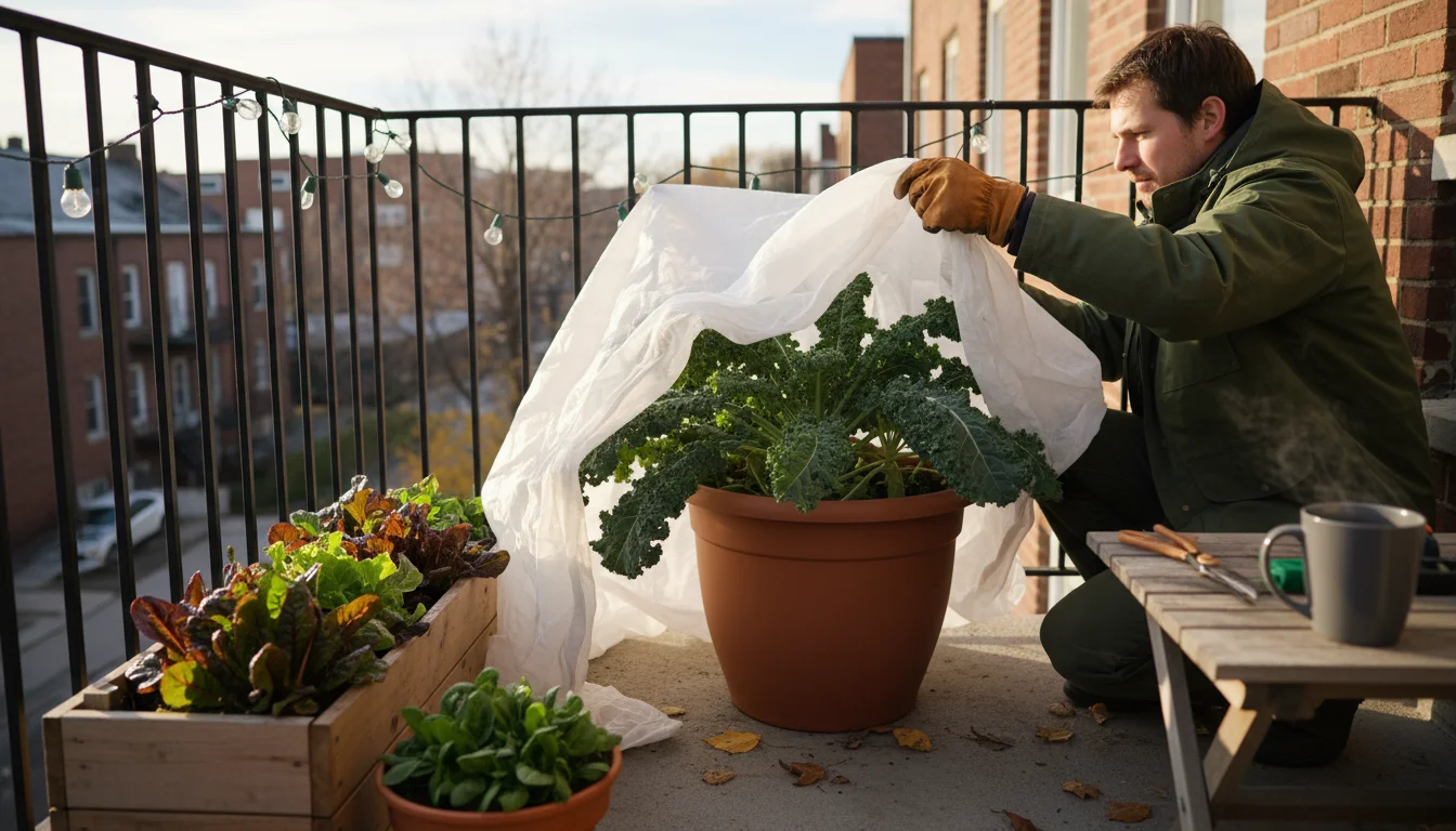 Person in a jacket and gloves covers a pot of lush green kale with translucent fabric on an urban balcony.