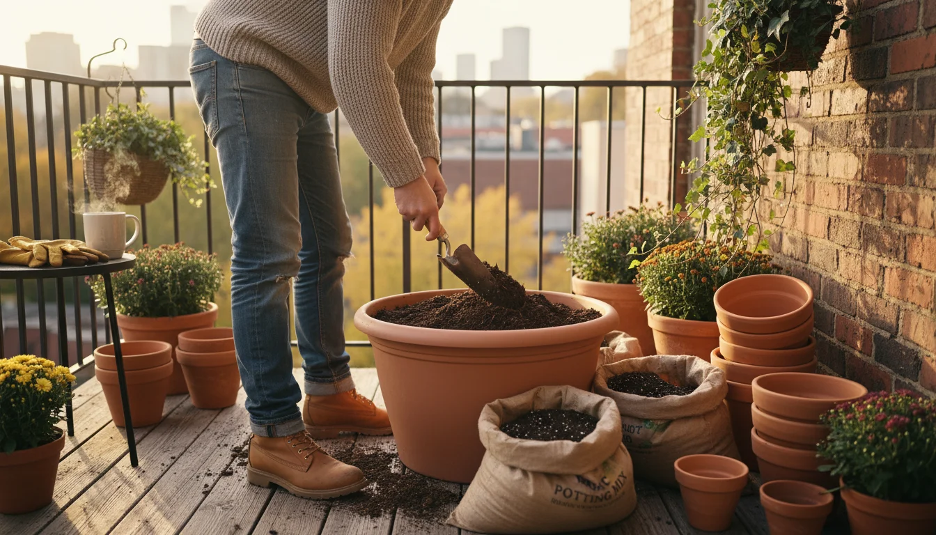 Person in jeans mixing dark soil in a large terracotta pot on an autumn balcony, with potting mix bags and stacked clean pots.