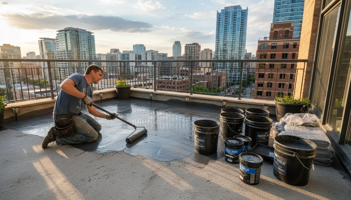 Person kneeling on a balcony applies a gray liquid waterproofing to the concrete floor with a roller, with empty plant pots nearby.