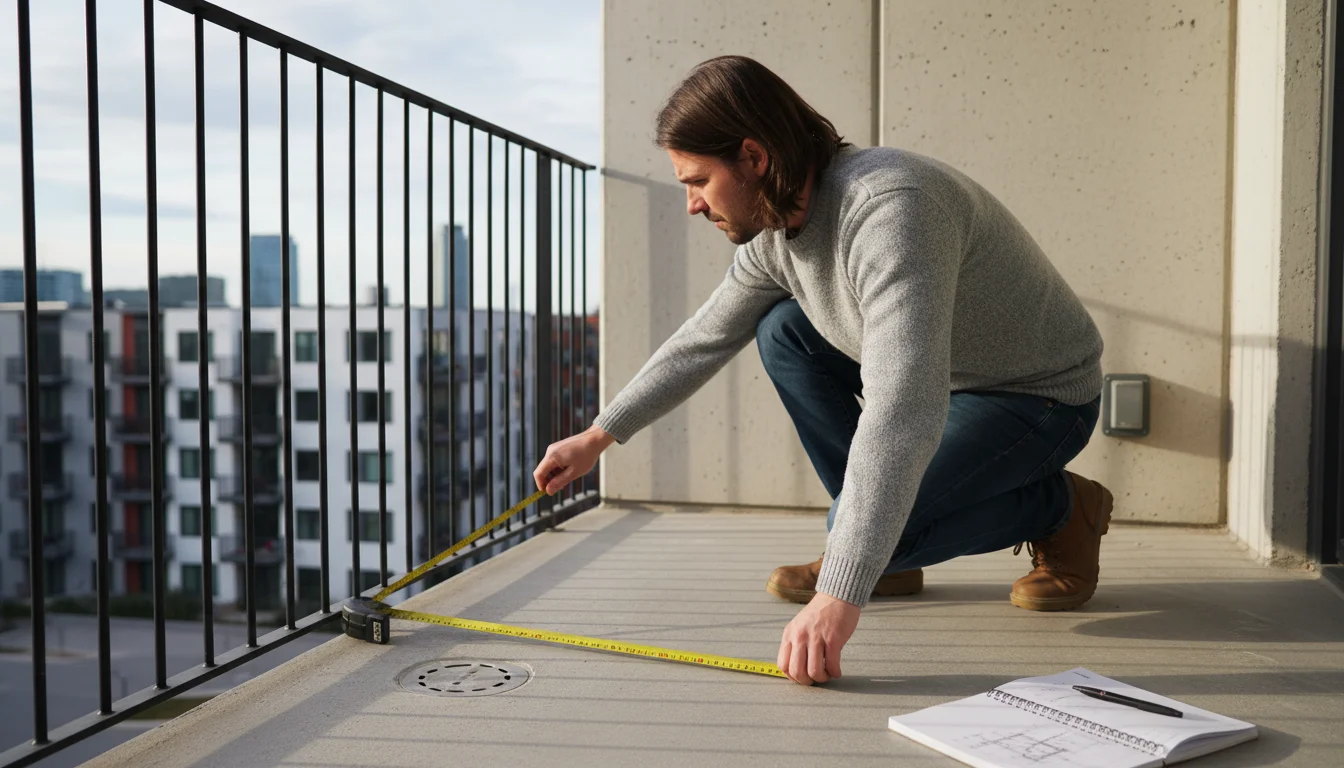 Person kneeling on a balcony, intently measuring the space's width with a bright yellow tape, passing over a drain and outlet. Empty pots await in the