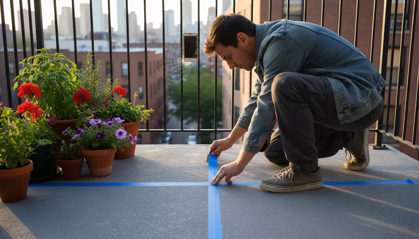 Person kneeling on a balcony, marking a sun/shade line with blue painter's tape among potted herbs and flowers.