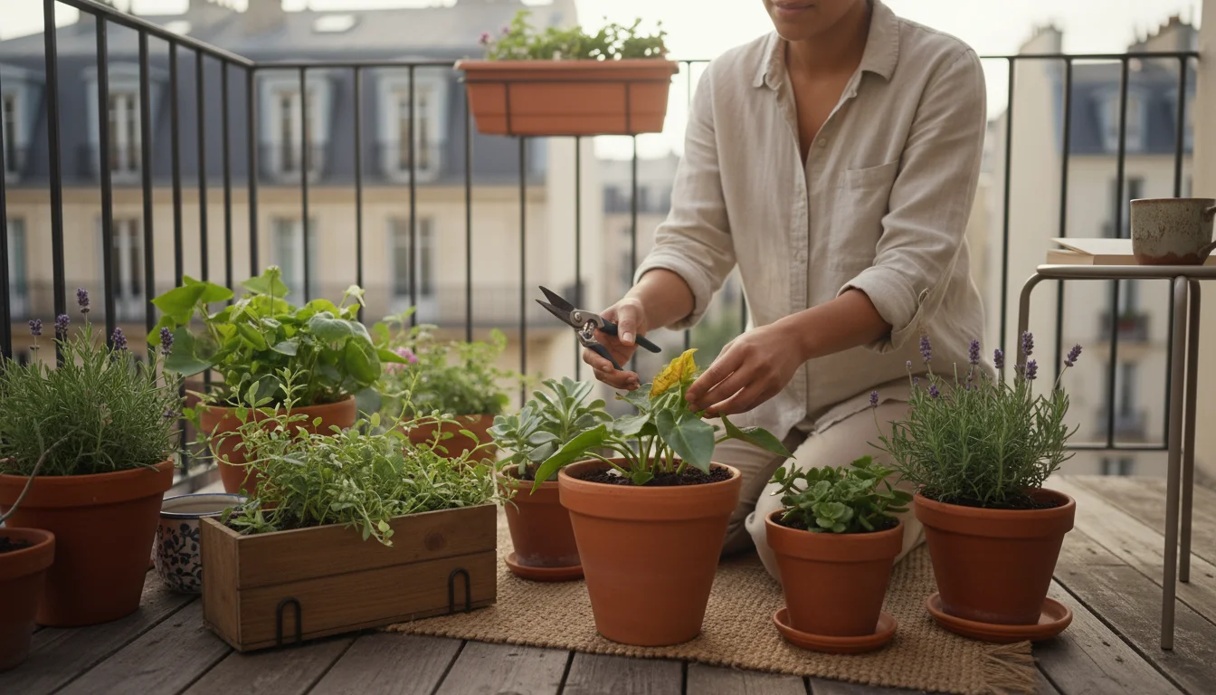 Person kneeling on a balcony, pruning a yellowed leaf from a potted plant and checking soil moisture in another pot.