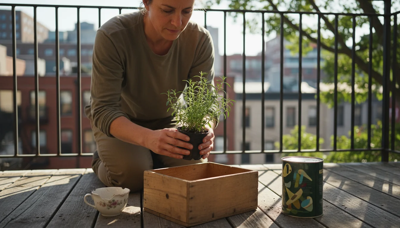 Person kneeling on a balcony, thoughtfully holding an herb plant next to empty upcycled containers: a teacup, wooden box, and painted tin.