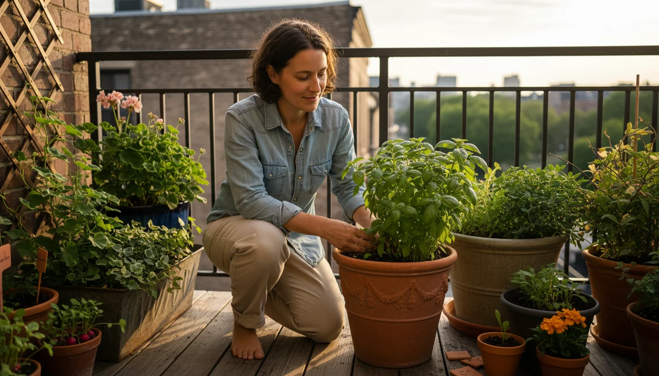 Person kneeling on a balcony, thoughtfully inspecting a basil plant in a terracotta pot, surrounded by other container gardens.
