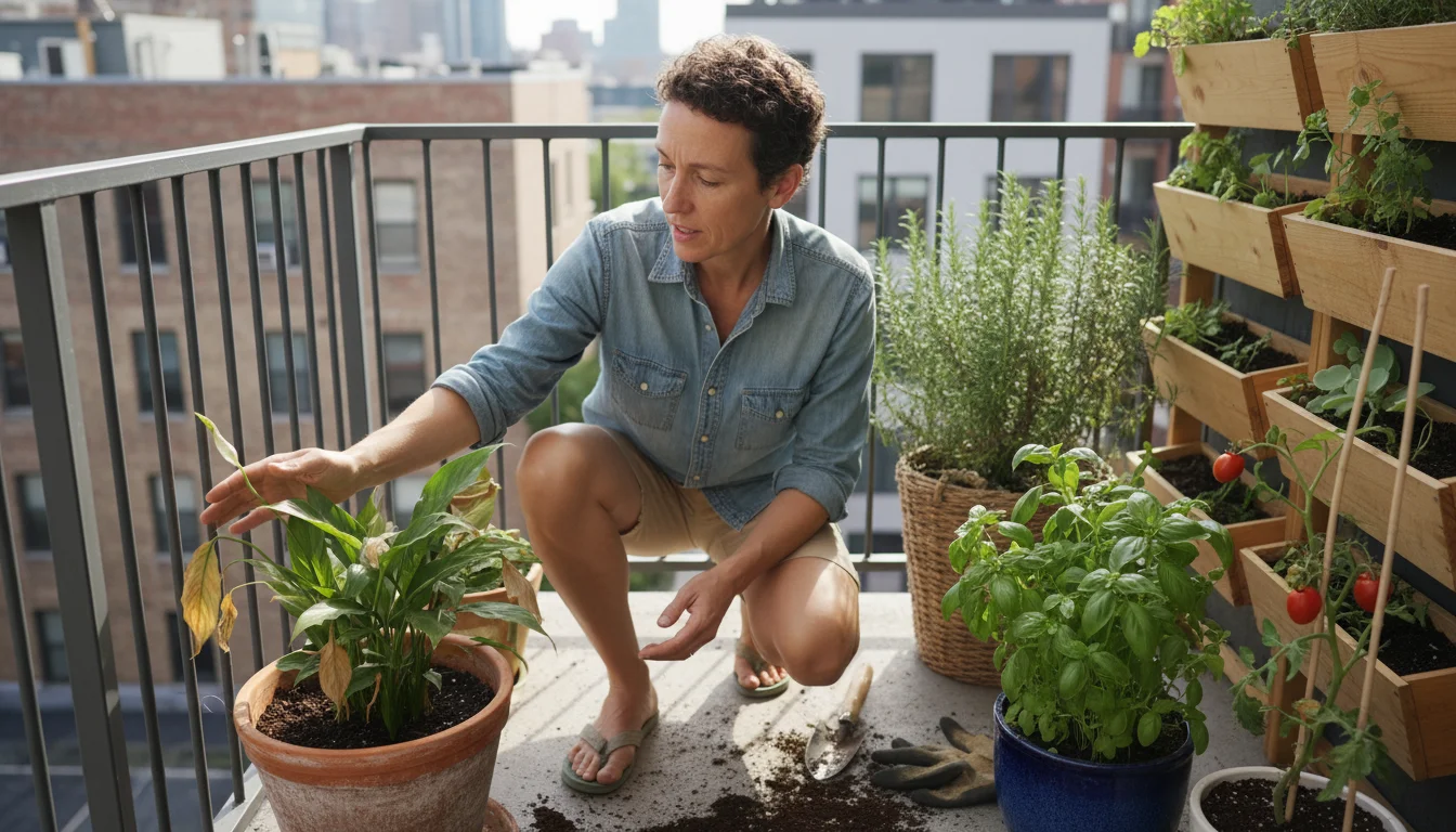 Person kneeling on a balcony, gently touching the wilted leaves of a Peace Lily in a terracotta pot amidst other healthy plants.