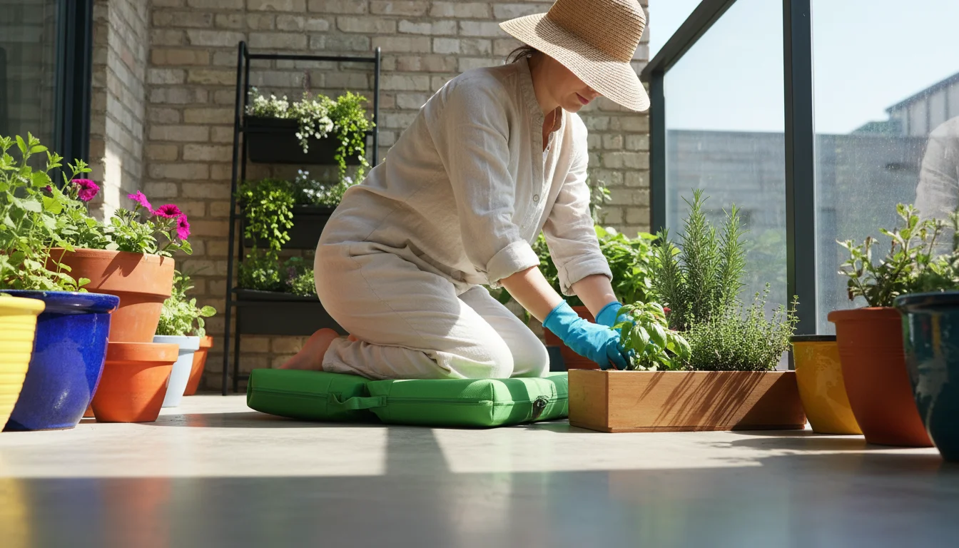A person kneeling comfortably on a bright gardening kneeler, tending to a herb planter on a sunny urban balcony amidst other container plants.