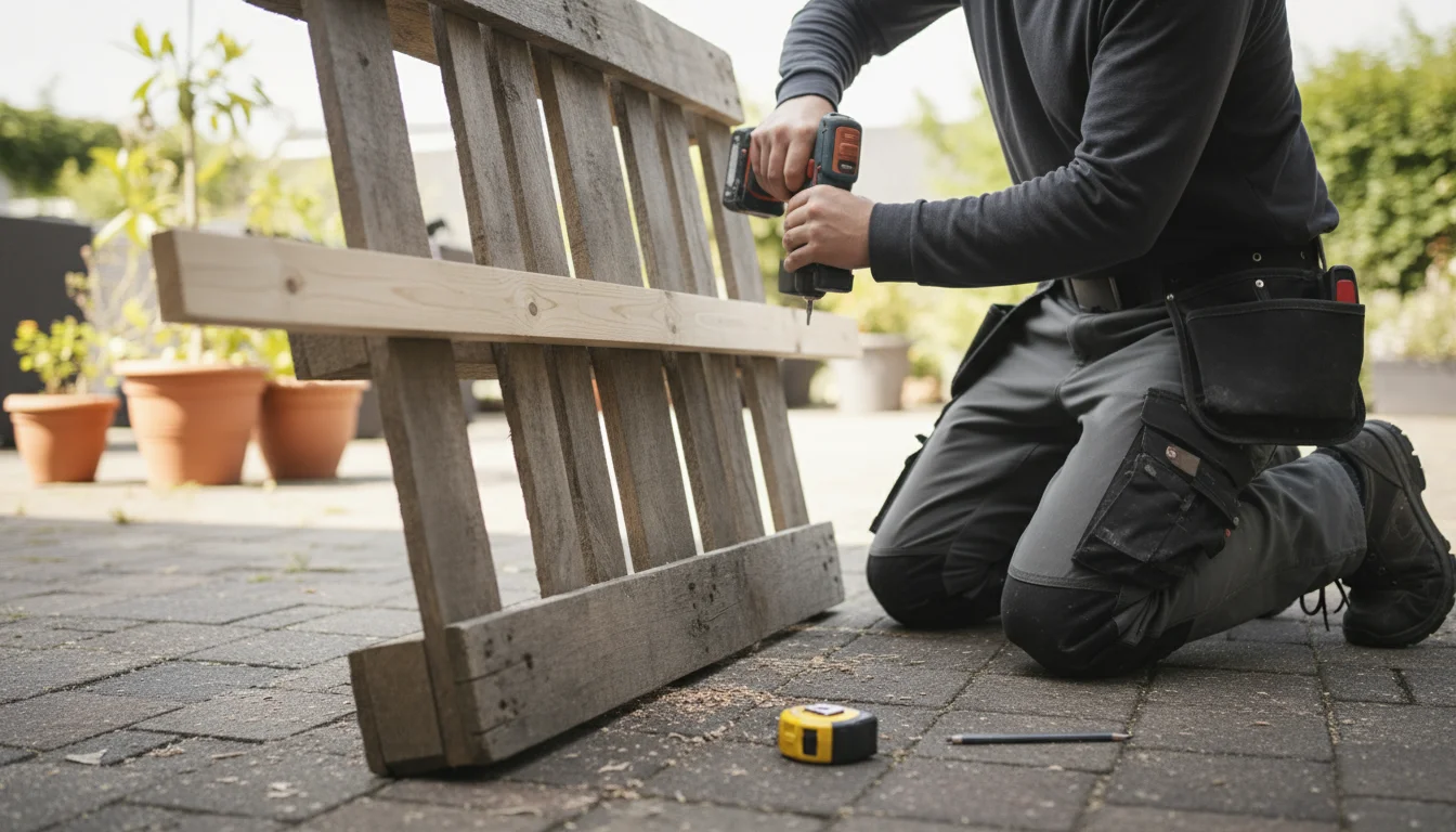 Person kneeling on a patio, drilling a new support plank onto the back of a weathered wooden pallet for reinforcement.