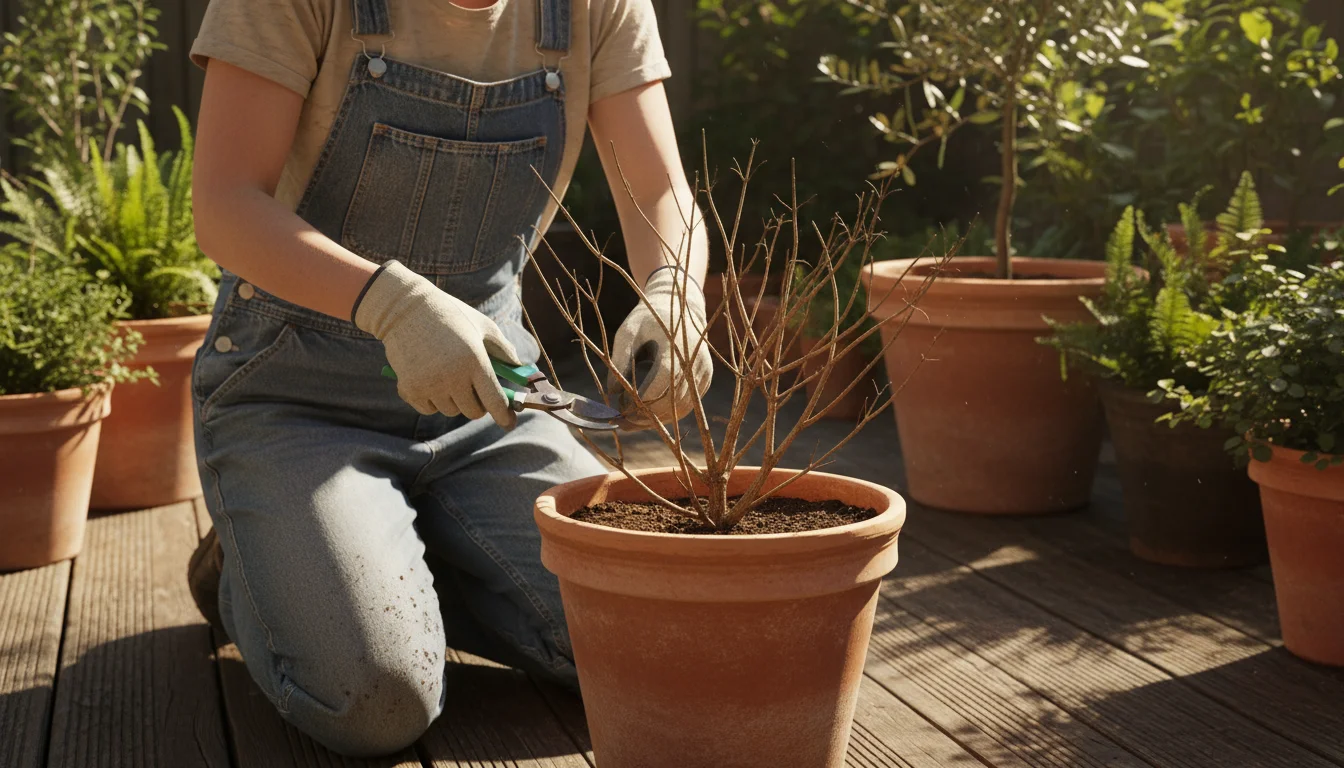 Person kneeling on a patio, pruning a bare Hydrangea in a large terracotta pot with bypass pruners.