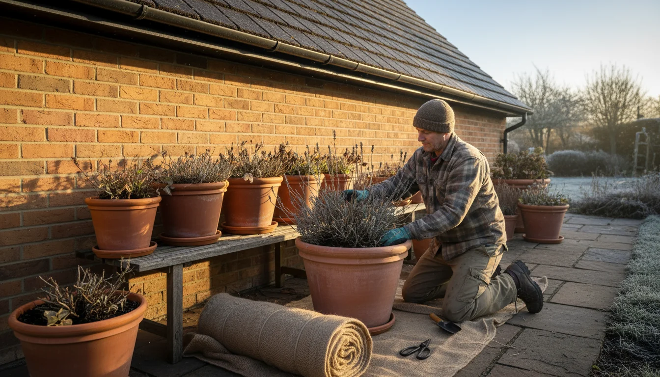 Person kneeling by potted dormant plants against a house wall, checking soil moisture under a roof overhang.