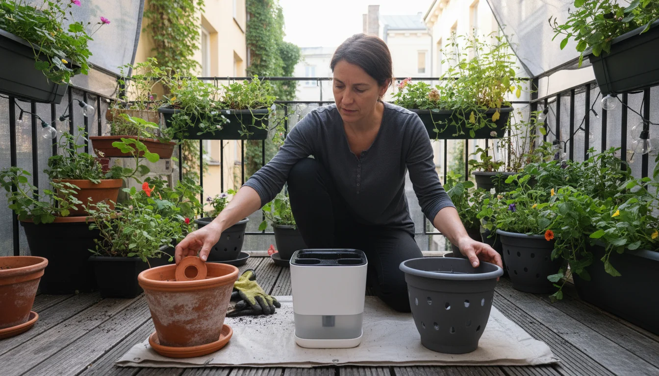 Person kneeling on a small balcony, comparing an empty terracotta pot with modern self-watering and recycled plastic planters.