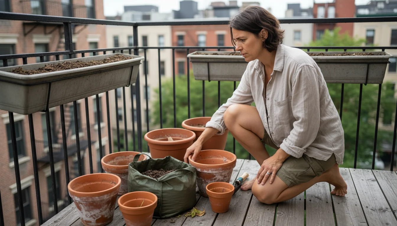 Eye-level shot of a person kneeling on a small urban balcony, thoughtfully assessing their diverse collection of empty and half-empty garden container