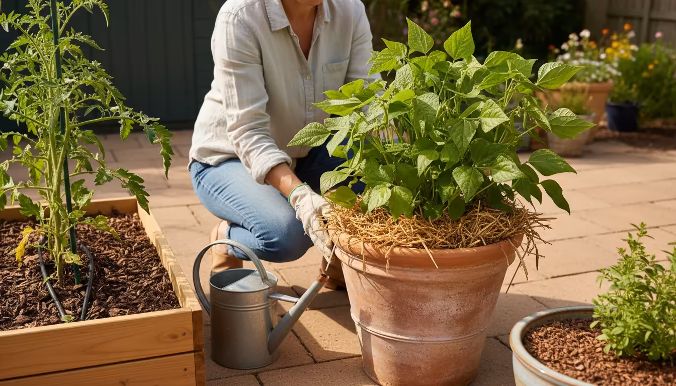 Person kneeling on a sunlit patio, inspecting a container garden where a bush bean plant is heavily mulched with straw.