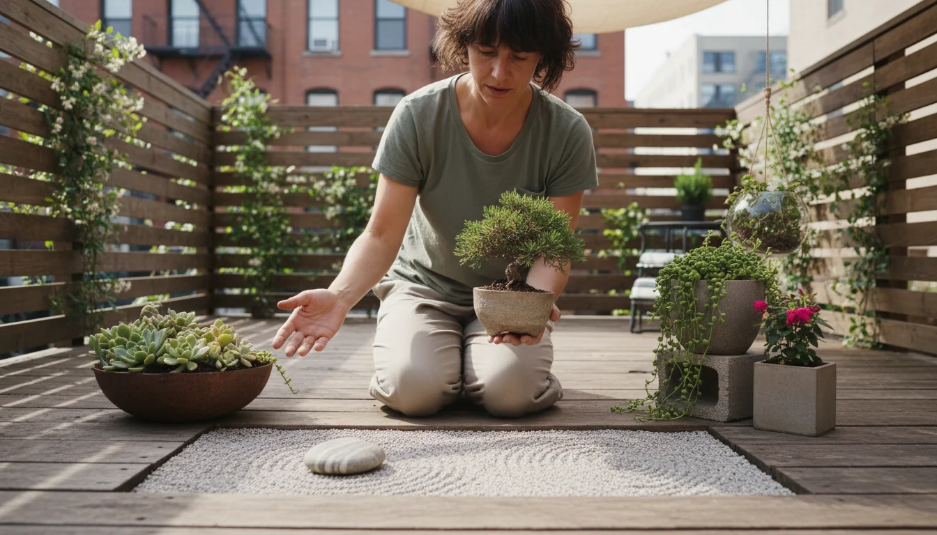 Person kneeling, thoughtfully positioning a bonsai and sedum pots on raked pebbles, designing a small Zen patio garden.