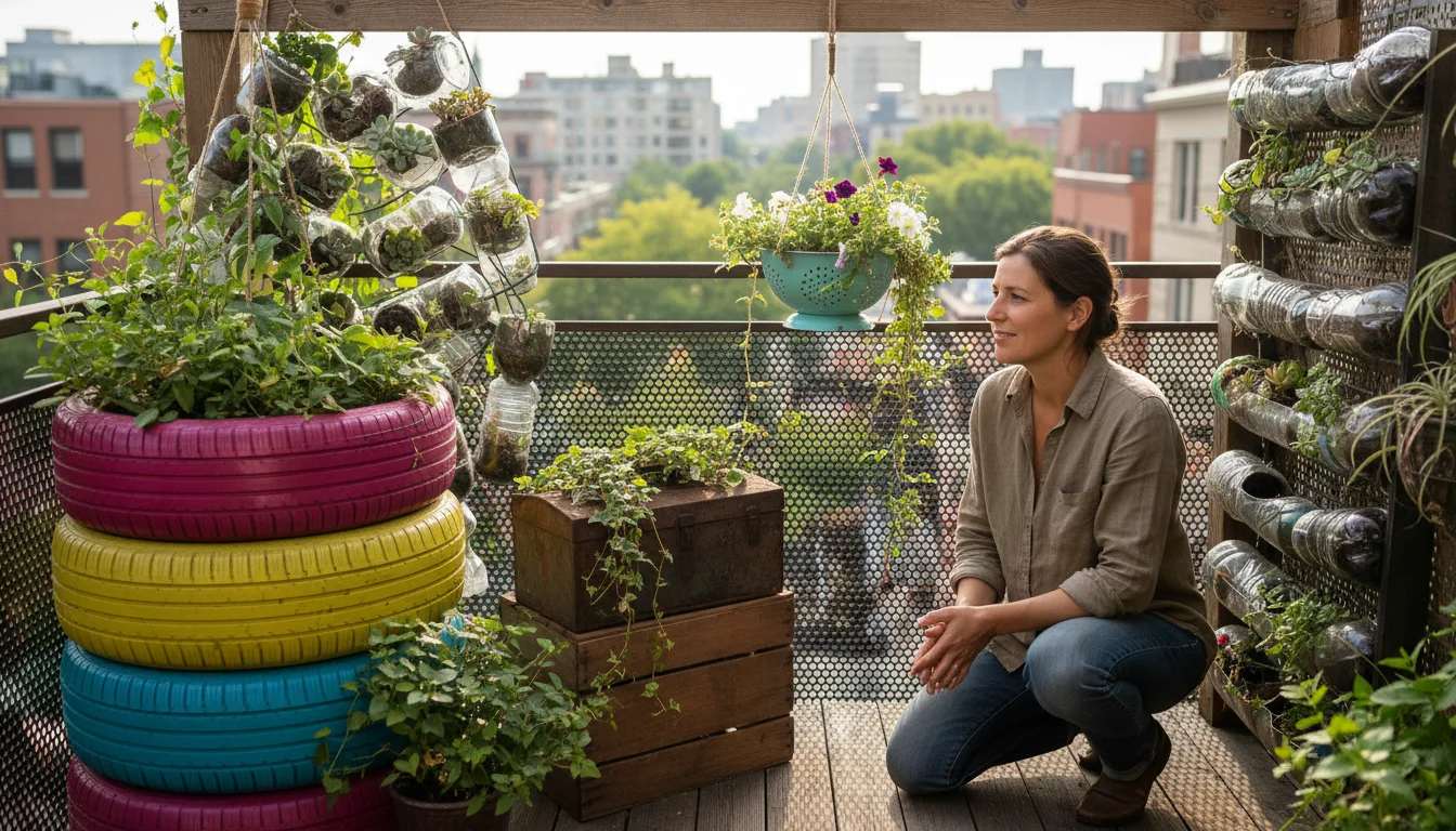 A person kneeling in a vibrant urban balcony garden, thoughtfully observing a hanging colander planter amidst diverse upcycled containers.
