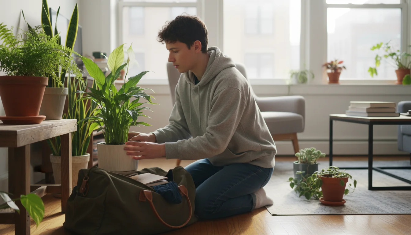 A person kneels on an apartment floor, intently examining a slightly wilting fern and checking the soil of a peace lily after returning from vacation.