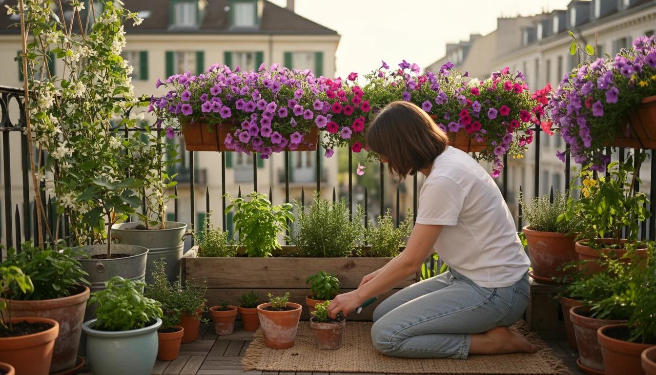 A person kneels on a balcony, gently touching the soil in a potted plant amidst various containers, assessing moisture in warm spring light.