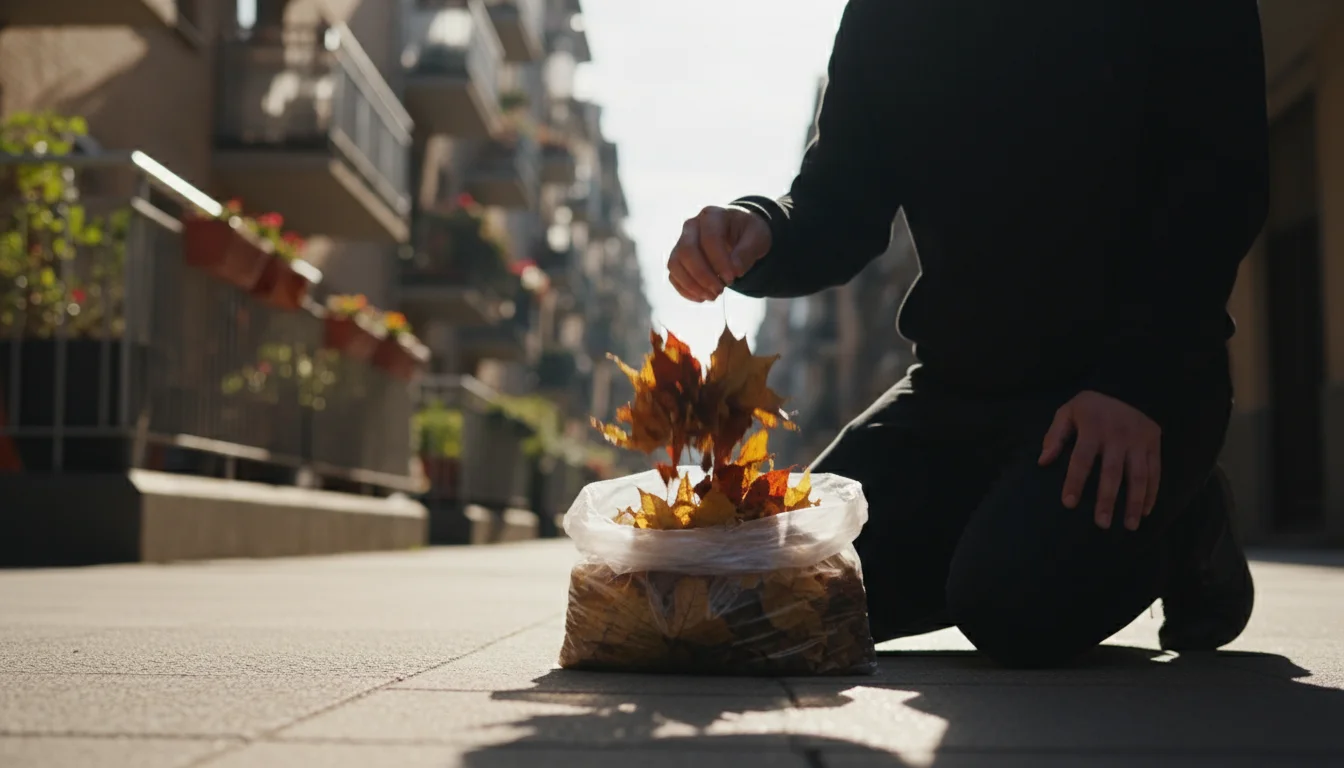 A person kneels on a city sidewalk, their hand reaching into a clear bag of colorful autumn leaves. Apartment balconies with plants are in the backgro