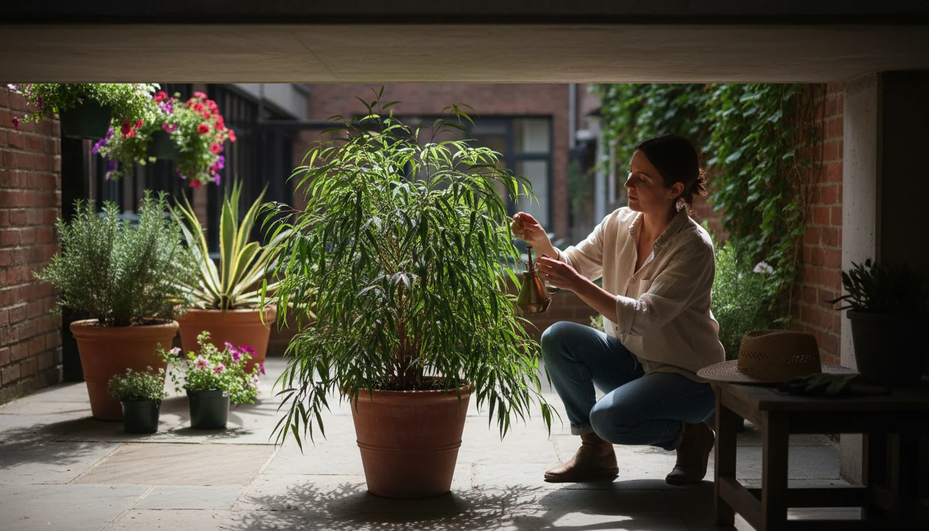 Person kneels by a large potted houseplant in soft shade on a patio, gently inspecting its leaves for stress.