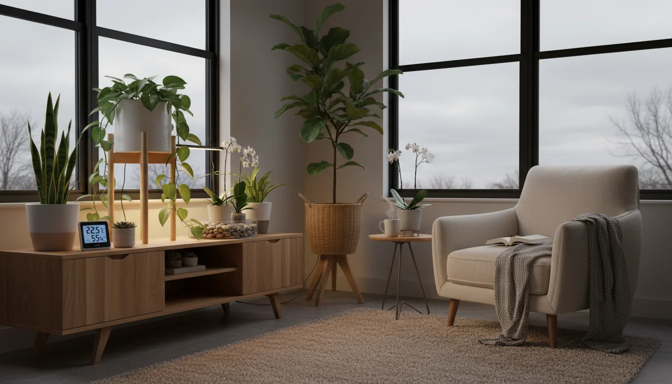 A person kneels in a modern apartment, observing potted houseplants. A digital thermometer and a grow light are visible among the plants.