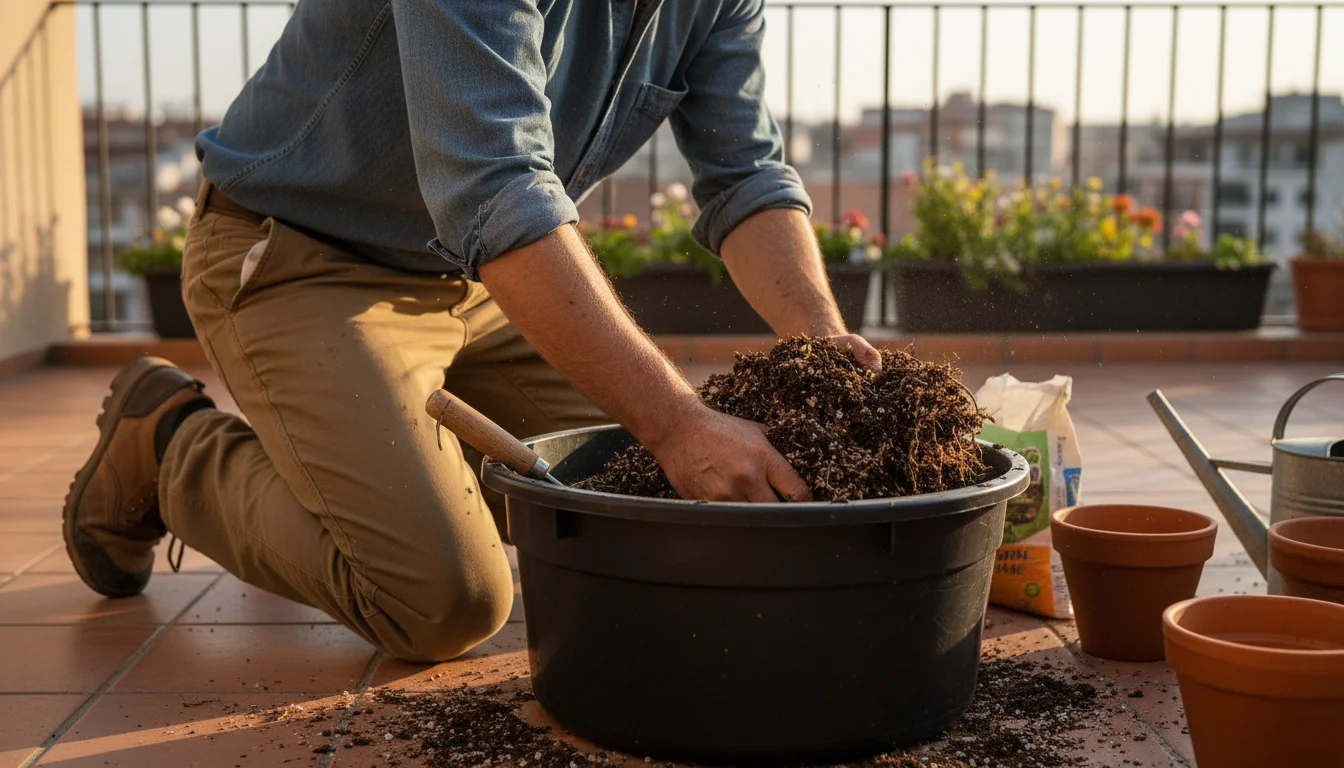 A person kneels on a patio, hands actively mixing dark potting soil and compost in a large black tub, surrounded by empty containers.