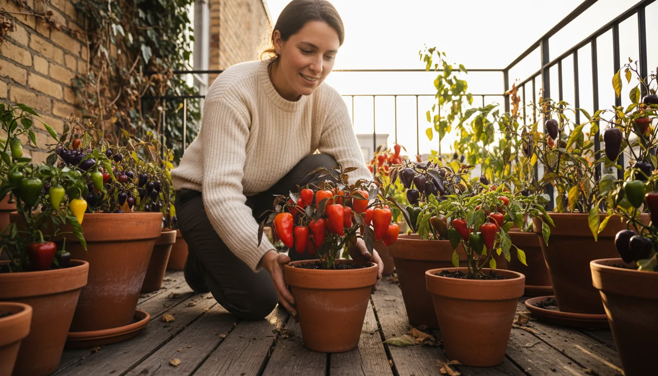 A person kneels on a small urban patio, thoughtfully observing vibrant red and orange ornamental peppers in terracotta pots.