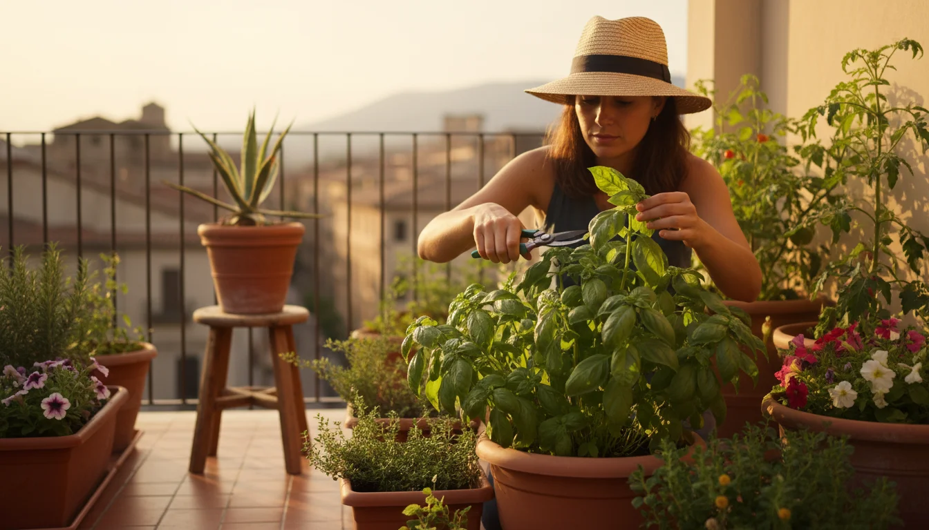 A person kneels on a sun-dappled balcony, inspecting a potted basil plant with pruners, while isolated plants sit nearby.