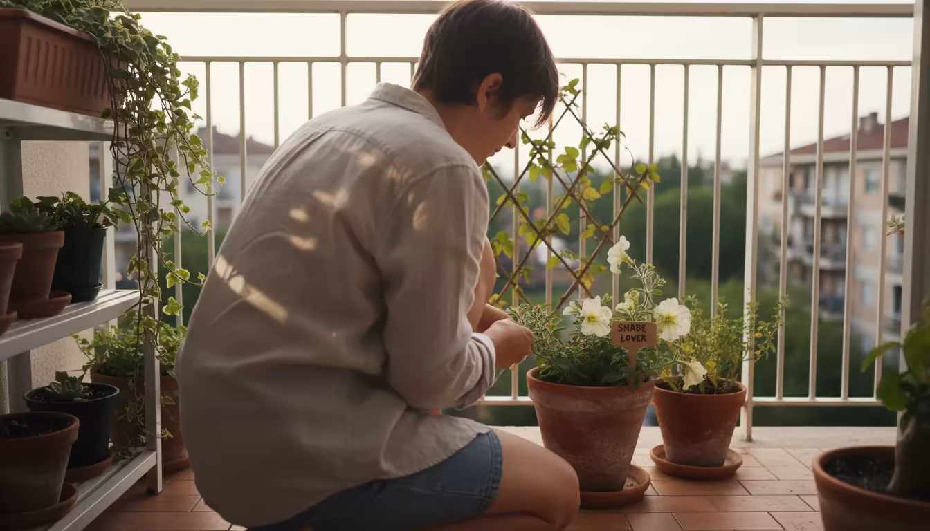 A person kneels on a sunny balcony, observing a container plant with slightly sun-stressed leaves, against a backdrop of distinct shadows.