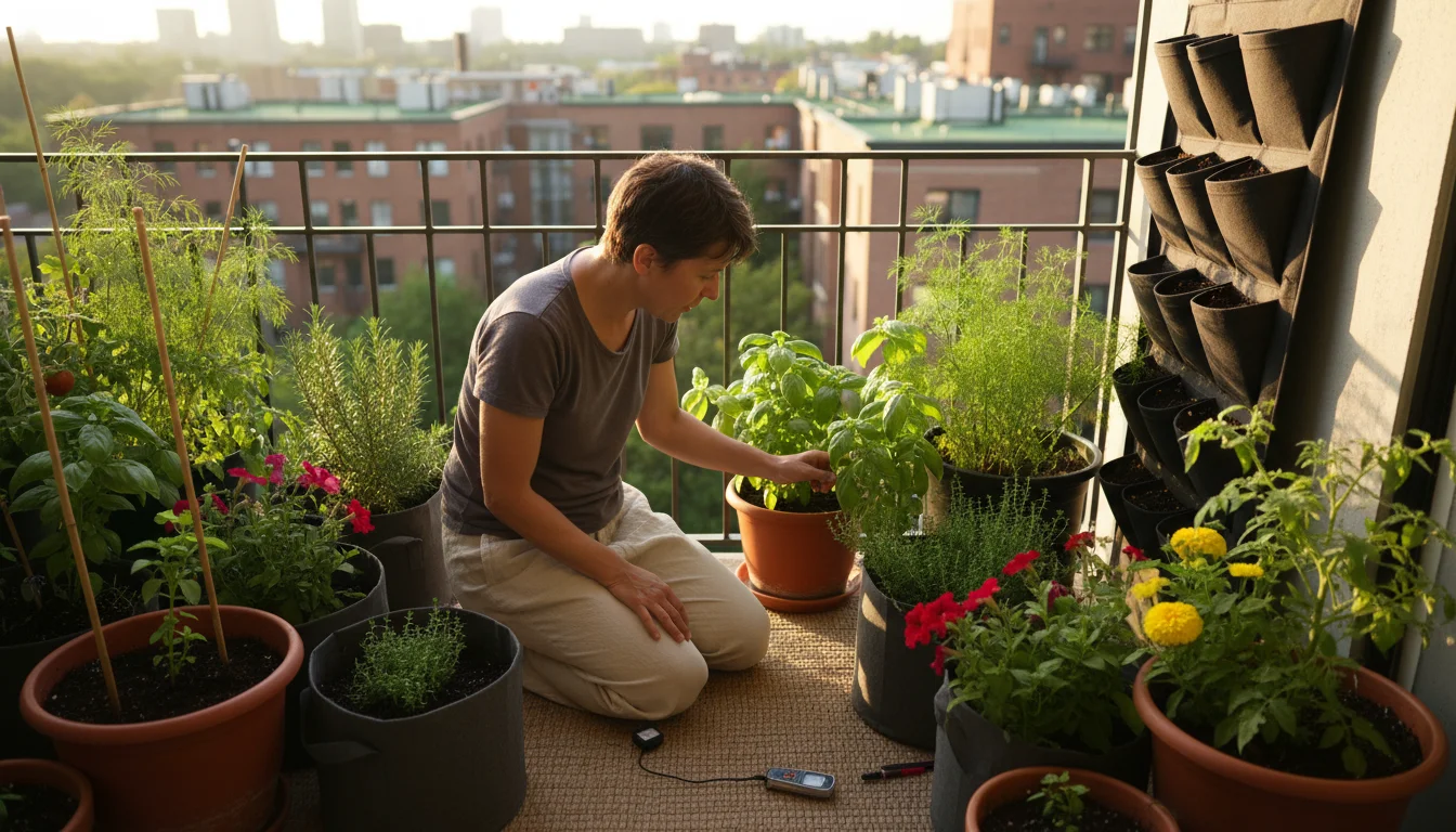 A person kneels on an urban balcony, observing sun patterns on container plants in pots and a vertical planter.