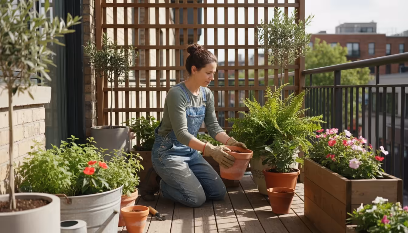 A person kneels on an urban balcony, thoughtfully adjusting a potted plant to a shadier spot, amidst a strategically arranged container garden.