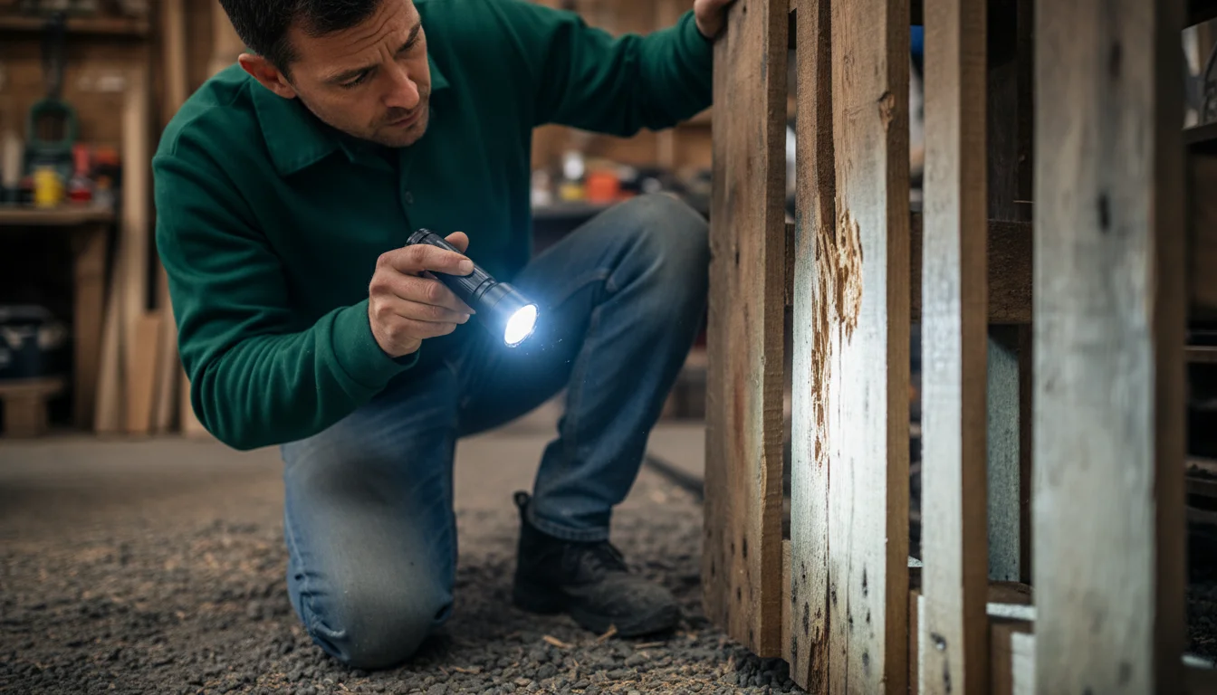 A person kneels, using a flashlight to closely examine a faint 'HT' stamp on a weathered wooden pallet, on a patio.