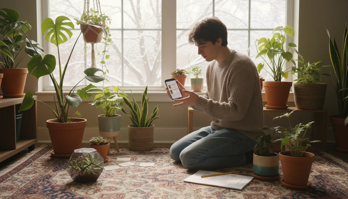 A person kneels by a window, reviewing potted houseplants with a smartphone, planning their winter placement strategy.